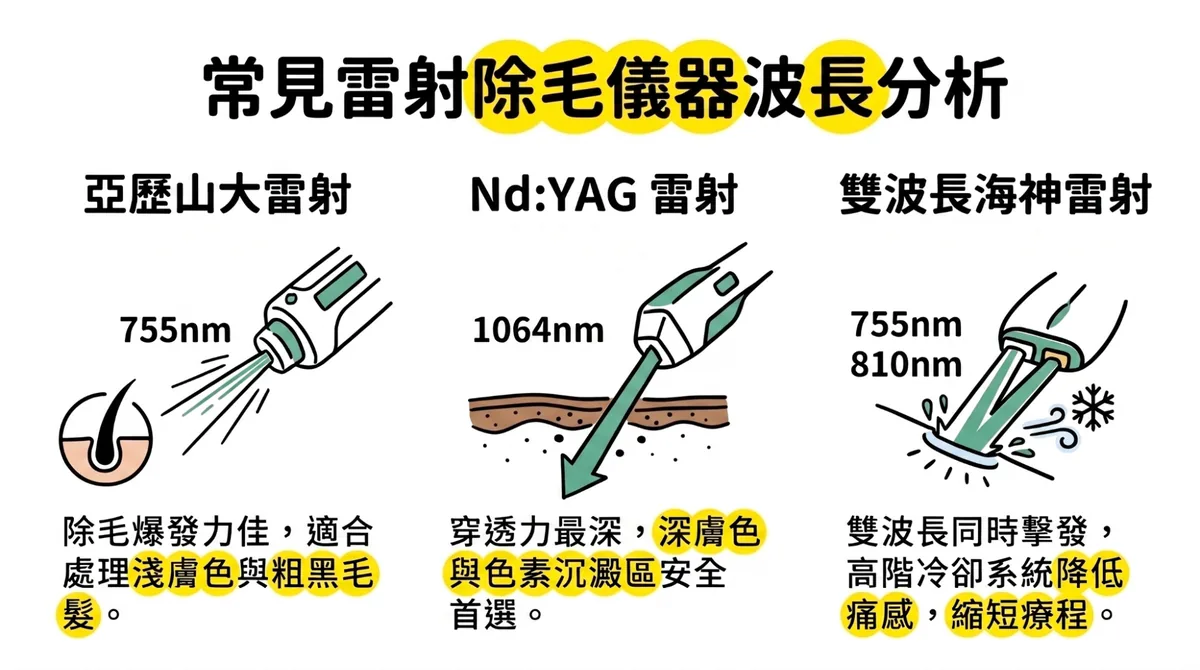 男性私密處不同膚色與毛髮的三種雷射波長
